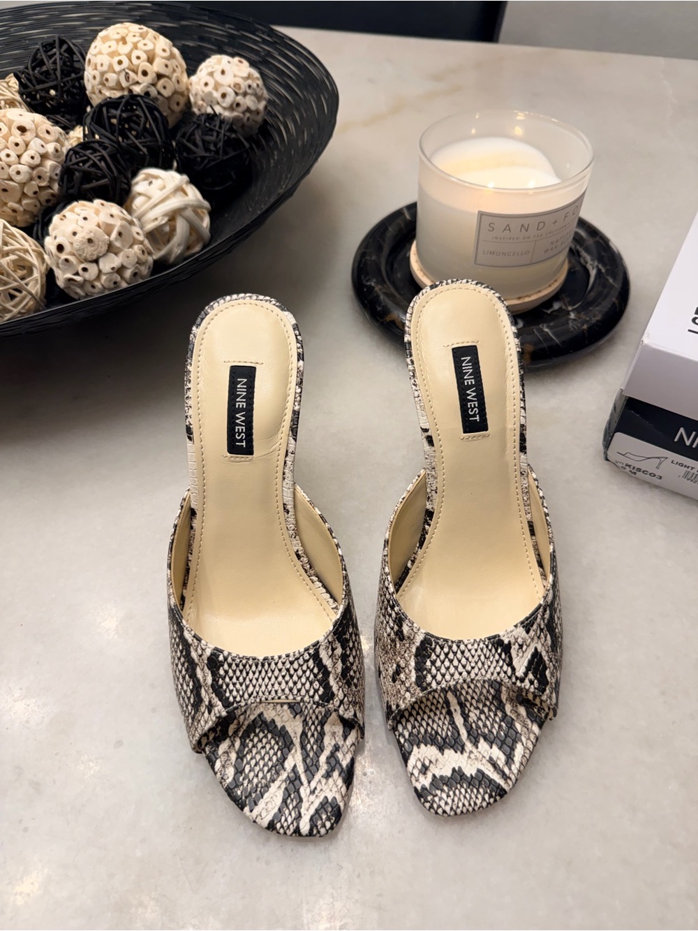 Nine West Snake-Print Open-Toe Slide Mules in Black and Cream
